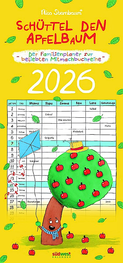 Schüttel den Apfelbaum - der Familienplaner zur beliebten Mitmachbuchreihe von Nico Sternbaum - Monats-Wandkalender 2026 zum Aufhängen, mit Spiralbindung, 22,4 x 48,5 cm