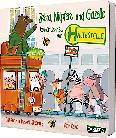 Zebra, Nilpferd und Gazelle laufen schnell zur ... Haltestelle!